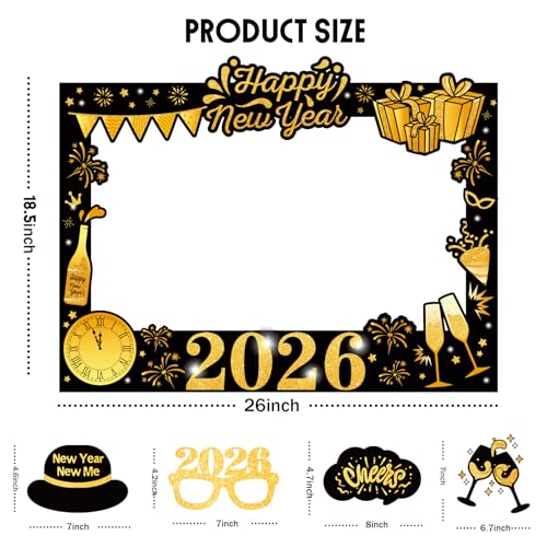 New Years Eve Party Supplies 2026 - NYE Photo Booth Props Kit with Glitter Photo Frame, 2026 Glasses & Mustache (Pack of 19)