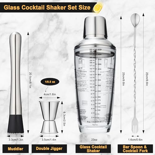 Tiawudi 23oz Glass Cocktail Shaker Set, 4PCS Bartender Kit, Martini Mixer Shaker with Built-in Strainer, Measuring Jigger,...