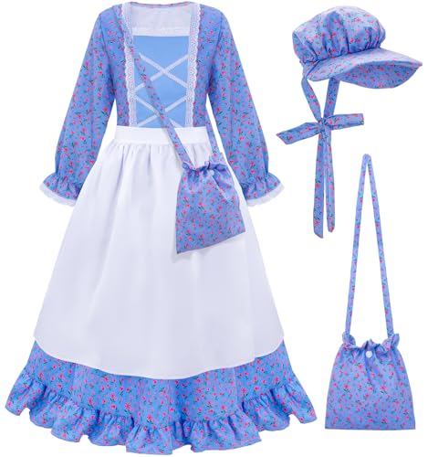 Meland Pioneer Dress for Girls - Colonial Floral Costume with Bonnet, Apron & Purse, Pionner Outfit for Girls 3-10 Years