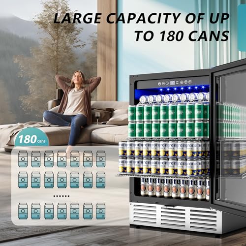 EUHOMY 24 Inch Beverage Refrigerator, 180 Can Built-in Beverage Cooler, Under Counter Beer Fridge with Glass Door for Sod...