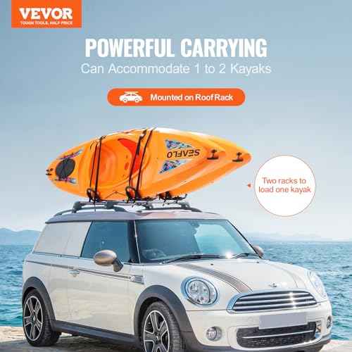 VEVOR Kayak Roof Rack 2 Pairs J-Bar, Soft Roof Rack Quick Folding, Top Mount Tie Down, Carrier for Kayak, Surf Board, Canoe, SUP, Ski Board, Mount on Car, SUV, Truck, 2 Kayaks