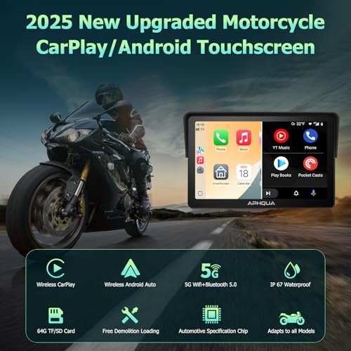 APHQUA Motocycle Carplay-7-Inch Motorcycle GPS Navigation System with Apple CarPlay & Android Auto, Waterproof Touchscree...