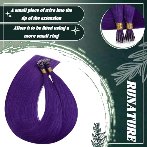 RUNATURE Nano Hair Extensions Real Human Hair Purple Nano Bead Hair Extensions 20 Inch Long Hair Cold Fusion Hair Extension No Glue Remy Natural Hair 50g 50s
