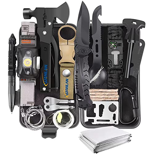 XUANLAN Emergency Survival Kit, Outdoor Survival Gear Tool with Survival Bracelet, Fire Starter, Whistle, Wood Cutter, Wat...