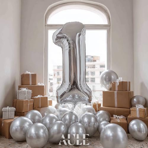 AULE 40 Inch Big Silver 1 Balloon Number Large Foil Helium Number Balloons 0-9 Jumbo Giant Happy 1st Birthday Party Decora...