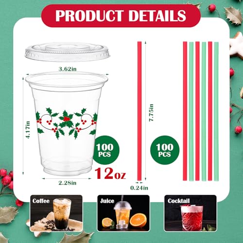 Blushtier 100 Pcs Christmas Plastic Cups Disposable with Lids and Straws 12 oz Christmas Holly Party Cups Clear Drinking C...