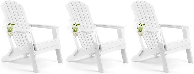 FUNBERRY Folding Adirondack Chair Set of 3, All Weather HDPE Fire Pit Chairs with Cup Holder for Outdoor