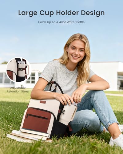 LOVEVOOK Laptop Backpack for Women - Stylish Work Backpack with Large Cup Holder, Waterproof College Teacher Backpack, Bei...