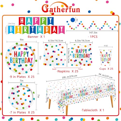 Happy Birthday Decorations: Happy Birthday Party Supplies Set with Birthday Dots Design- Includes Disposable Paper Birthda...