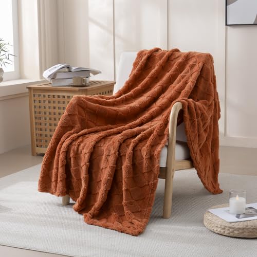 Burnt Orange Throw Blanket for Couch Sofa Bed 50x60 inches,Fleece Blankets Microfiber Flannel with Diamond Checkered Patte...
