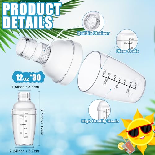 Lallisa 30 Pcs Plastic Cocktail Shaker Set 12 oz Drink Mixer Clear Shaker Cup with Measurements Scales and Strainer Plasti...