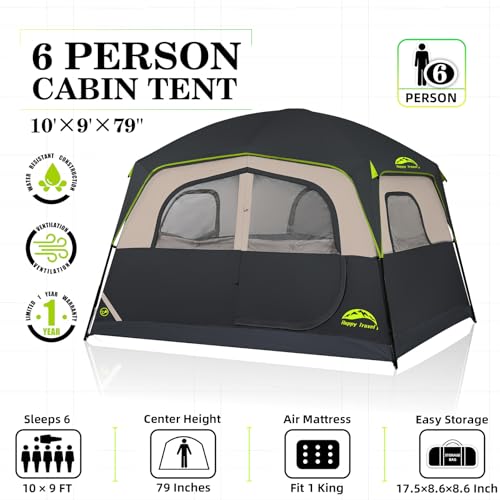 Happy Travel Tent 6 Person Tents for Camping, Waterproof Easy Setup Camping Tent with Rainfly, Portable Large Family Cabin...