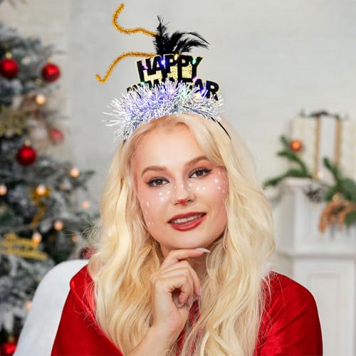 Abien Light Up Happy New Year Headbands Glitter Beer Hairband LED Hat Feather Headhoop New Year Party for Women