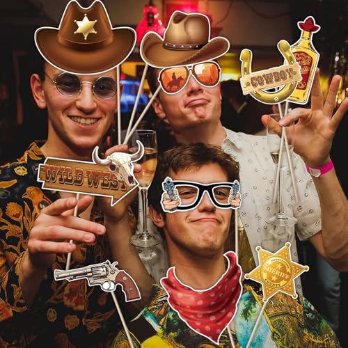 30 Pieces Western Cowboy Cowgirl Photo Booth Props Wild West Themed Party Decoration Rodeo Party Decorations with Wanted S...