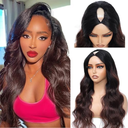 NZINZI Ombre V Part Wig Human Hair Body Wave Brown Wig Upgrade U Part Human Hair Wig with Clips Glueless Wigs Human Hair Clip in