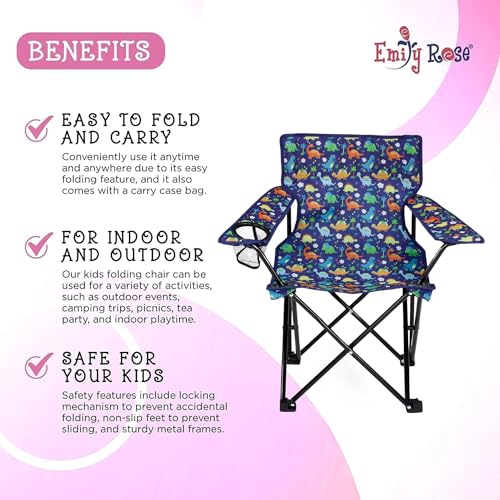 Emily Rose Kids Playful Dinosaurs Folding Beach Camp Chair Ages 2-7 - Toddler Travel Chair with Safety Lock Cup Holder & C...