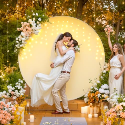 7.2 FT Ivory Round Backdrop Cover with Lights String for Circle Arch Stand Circle Backdrop Covers with LED Fairy Lights fo...