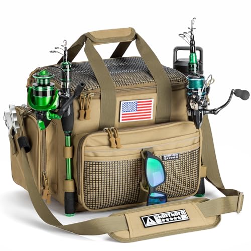 Ghosthorn Fishing Tackle Bag with Rod Holder Saltwater & Freshwater Resistant Large Tackle Box Bag - Adjustable Padded Sho...