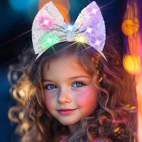 Formery Light Up Bowknot Headband Silver Sequin Bow Hairband Led Glitter Hair Accessories for Women