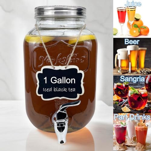 1 Gallon Glass Drink Dispenser for Parties, 2 Packs Juice Lemonade Ice Tea Water Dispenser with Stand, HENABLE Beverage Di...