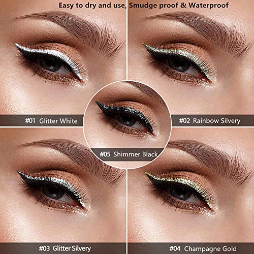 Go Ho Glitter Liquid Eyeliner Colorful Set,5 Colors Metallic Shimmer White Black Silver Gold Diamond Eyeliner,Glitter Eye ...