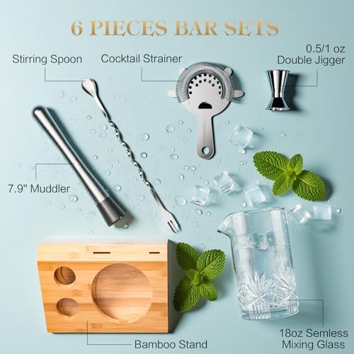Cocktail Mixing Glass, veecom 6 Piece Crystal Bar Mixing Glass Bartender Set with Bamboo Stand, 18oz Old Fashioned Kit Coc...