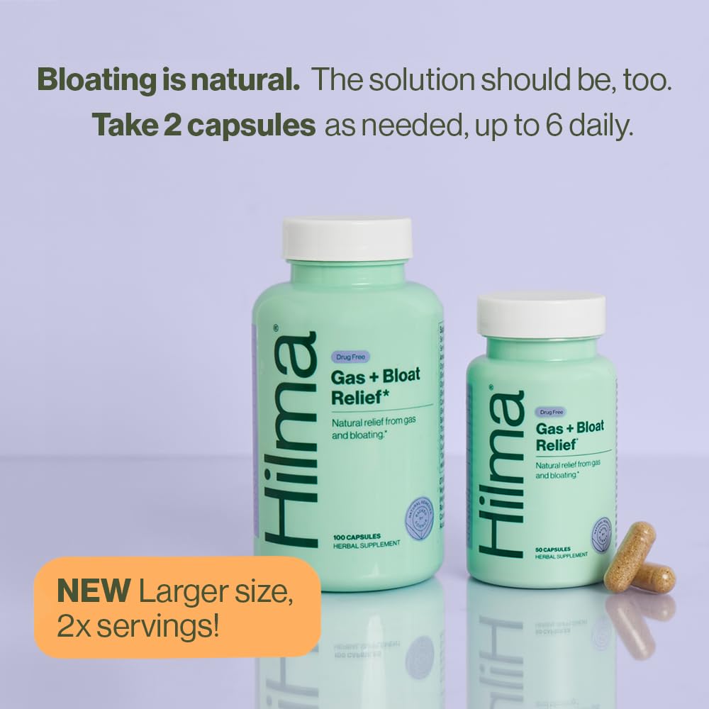 Hilma Natural Gas and Bloating Relief with Lemon Balm, Fennel & Peppermint Leaf, Doctor Formulated with Organic Ingredients, 100 Vegan Capsules