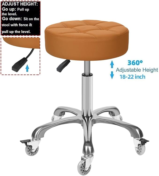 Adjustable Heavy Duty Stool - Rolling Stools with Locking Caster Wheels - Swivel Stools Backless Chair for Beauty Hair Salon Spa Home Kitchen Office Shop Massage (Camel, Height 18 to 22 in)