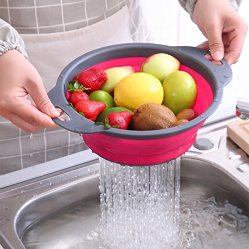 Qimh Collapsible Colander Set of 3 Round Silicone Kitchen Strainer Set - 2 pcs 4 Quart and 1 pcs 2 Quart- Perfect for Drai...
