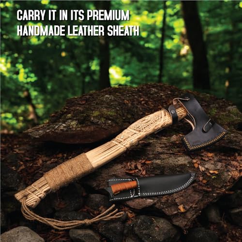 Viking Axe with Gift Viking Knife Also Leather Sheaths, Carbon Steel, Carved Wooden Handle, Bearded Heaven Hatchet for Cam...