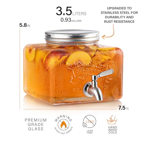 MosJos Glass Drink Dispenser for Fridge - Stainless Steel Spigot Mason Jar Dispenser with Wide Opening & Easy-Fill - Bever...