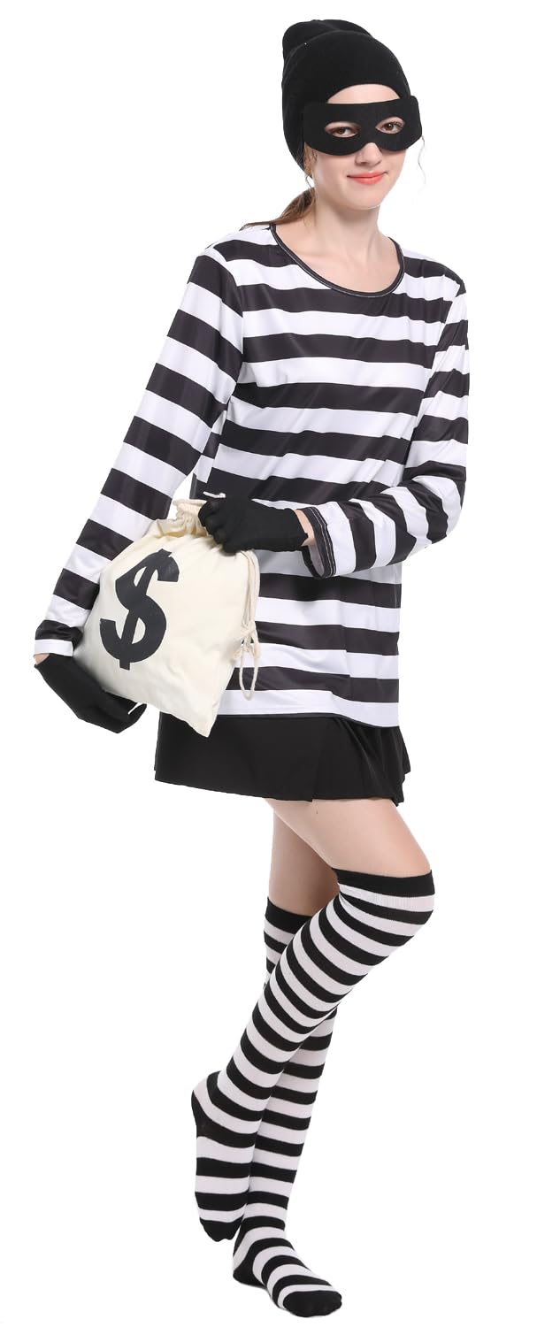 Eledvb Adult Women's Robber Costume Set Black and White Striped T-Shirt Thief Accessories for Halloween Cosplay Costume