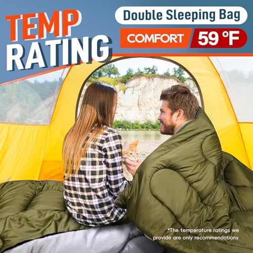 MEREZA Double Sleeping Bag for Adults Mens with Pillow, XL Queen Size Two Person Sleeping Bag for All Season Camping Hikin...