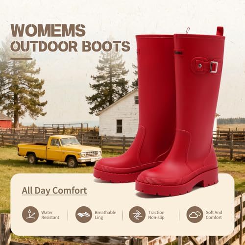 Pelbiuqik Women's Rain Boots Knee High Rubber Boots Waterproof Anti-Slip Tall wide calf Garden Boots Insulated Work Water ...