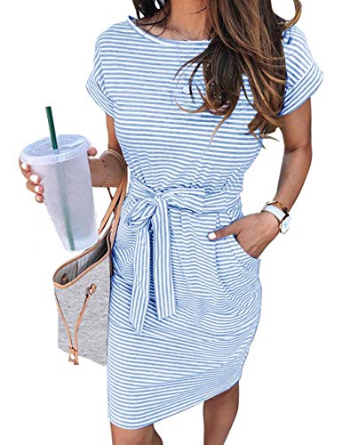 MEROKEETY Women's 2026 Summer Casual Dress Short Sleeve Crewneck Striped Tie Waist Work Trendy T Shirt Dresses
