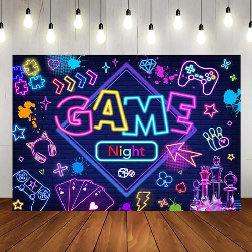Mocsicka Game Night Backdrop Banner Glow Gaming Birthday Party Decorations for Adults Kids 7x5ft Chess Board Video Game On...