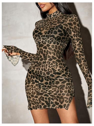 WDIRARA Women's Leopard Print Mock Neck Split Bell Long Sleeve Bodycon Dress Lettuce Trim Sheer Mini Dress
