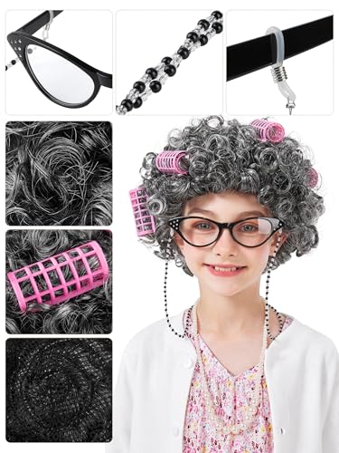 FancyFun 8 Pieces Old Lady Costume for Girls, 100 Days of School Costume for Kids Grandma Wig Granny Dress Cosplay Outifits