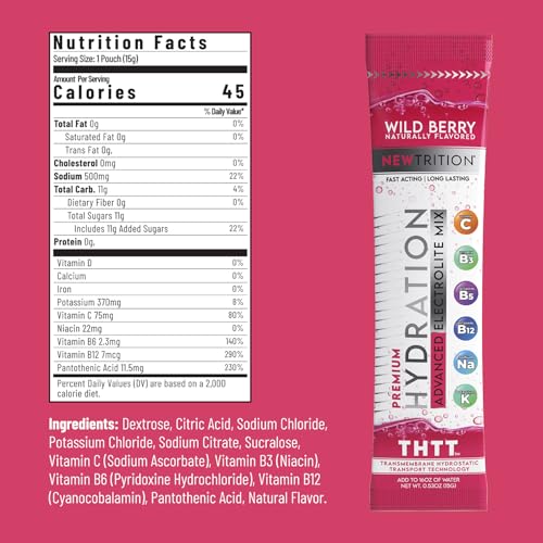 NewTrition Hydration Powder, Wild Berry Pack of 24 Electrolyte Powder Packets, Naturally Flavored Hydrating Packets for Wa...