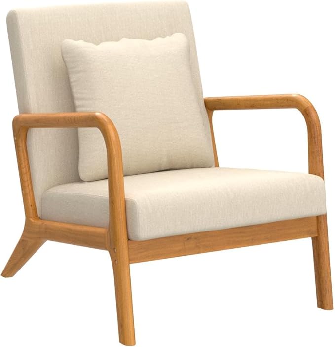 ELUCHANG Mid-Century Modern Accent Chair with Lumbar Pillow, Linen Fabric Comfy Lounge Side Upholstered Reading Armchair for Living Room Bedroom Apartment,Easy Assembly(Beige,2pcs)