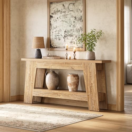 LITTLE TREE 70.9 Inches Extra Long Console Table, 2-Tier All-Wooden Rectangular Sofa Table for Behind Couch, Farmhouse Entryway Table for Hallway, Living Room, Natural Finish with Trapezoidal Design
