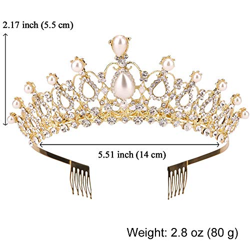 Sppry Women Tiara with Comb - Pearl Crystal Crown for Bridal Queen Princess Girls at Wedding Birthday Pageant (Gold)