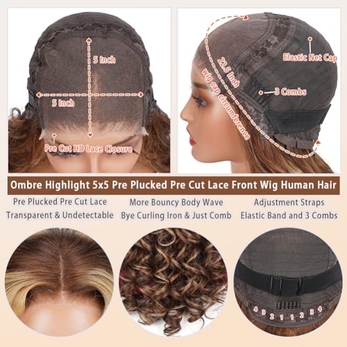 Highlight Ombre 5x5 Pre Plucked Pre Cut Lace Front Wigs Human Hair 4/27 Colored Bouncy Body Wave Lace Frontal Wig Honey Blonde Ombre Glueless 5x5 HD Lace Closure Wigs for Women 180 Density 18 Inch