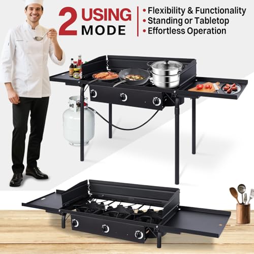 3 Burner Propane Camp Stove | 225,000 BTU Gas Burners | Side Shelves | Windscreen | Waterproof Cover | Detachable Legs | I...