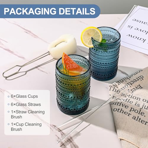 ZMOWIPDL Vintage Glassware Drinking Glasses Set of 6,15 oz Hobnail Glass Cups,Embossed Blue Water Tumbler,for Beer,Cocktai...