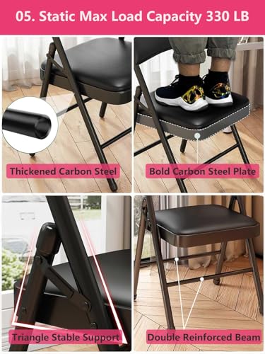KAOCHA 2 Pack Folding Chairs with Leather Padded Cushion and Back, Metal Black Foldable Chair for Indoor Outdoor, Commerci...