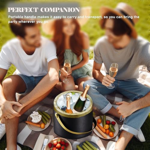 Sipoyen Insulated Ice Bucket with Lid, Handle and Tong Black Gold Stainless Steel Champagne Bucket for Party 3L Bar Cart A...