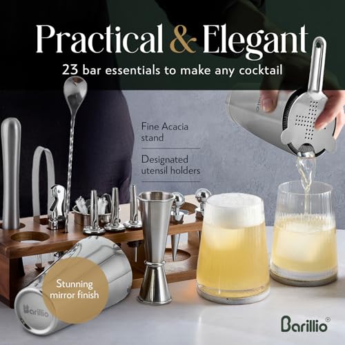Barillio Bartender Kit – 23-Piece Stainless-Steel Cocktail Shaker Set with Premium Acacia Stand | Martini Barware Mixing T...