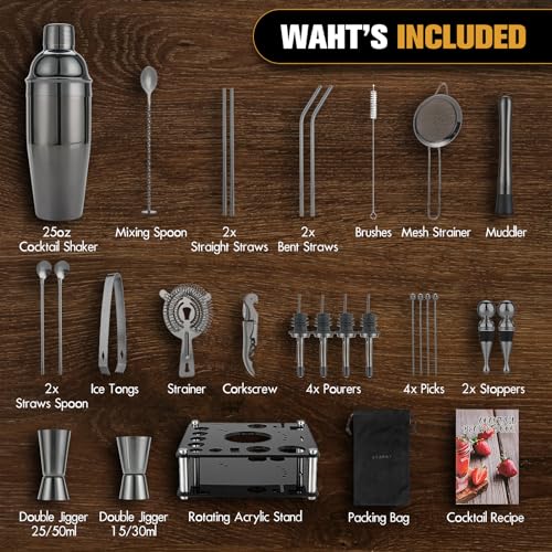 KINGROW Cocktail Shaker Set 29-Piece Bartender Kit with Rotating Stand | Bar Set Drink Mixer Set with All Essential Access...