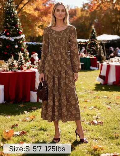 ZESICA Women's Fall Boho Floral Midi Dress 2026 Casual Long Sleeve Crewneck Flowy Wedding Guest Long Dresses